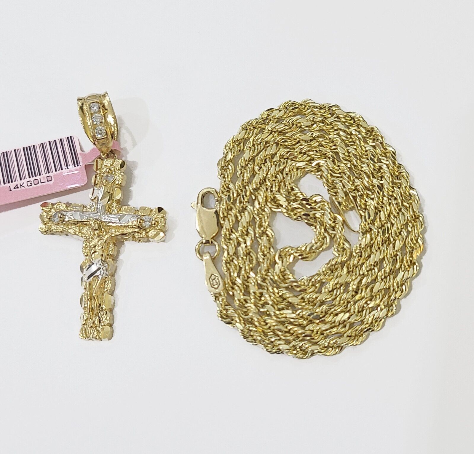 14k Yellow Gold Rope Chain & Jesus Nugget Cross Charm SET 4mm 16 Inches Necklace