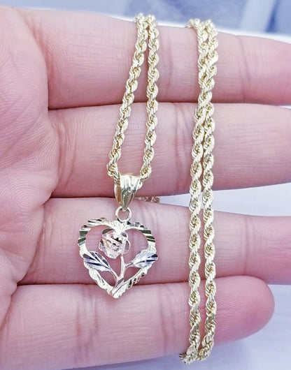 10k Yellow Gold Flower Heart Charm 2.5mm 18"20" 22" 24" 26" 28" Rope Chain