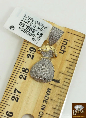 Real 10k Money Bag Charm With 0.33 CT Diamond With 20 Inch Rope Chain, Free Ship