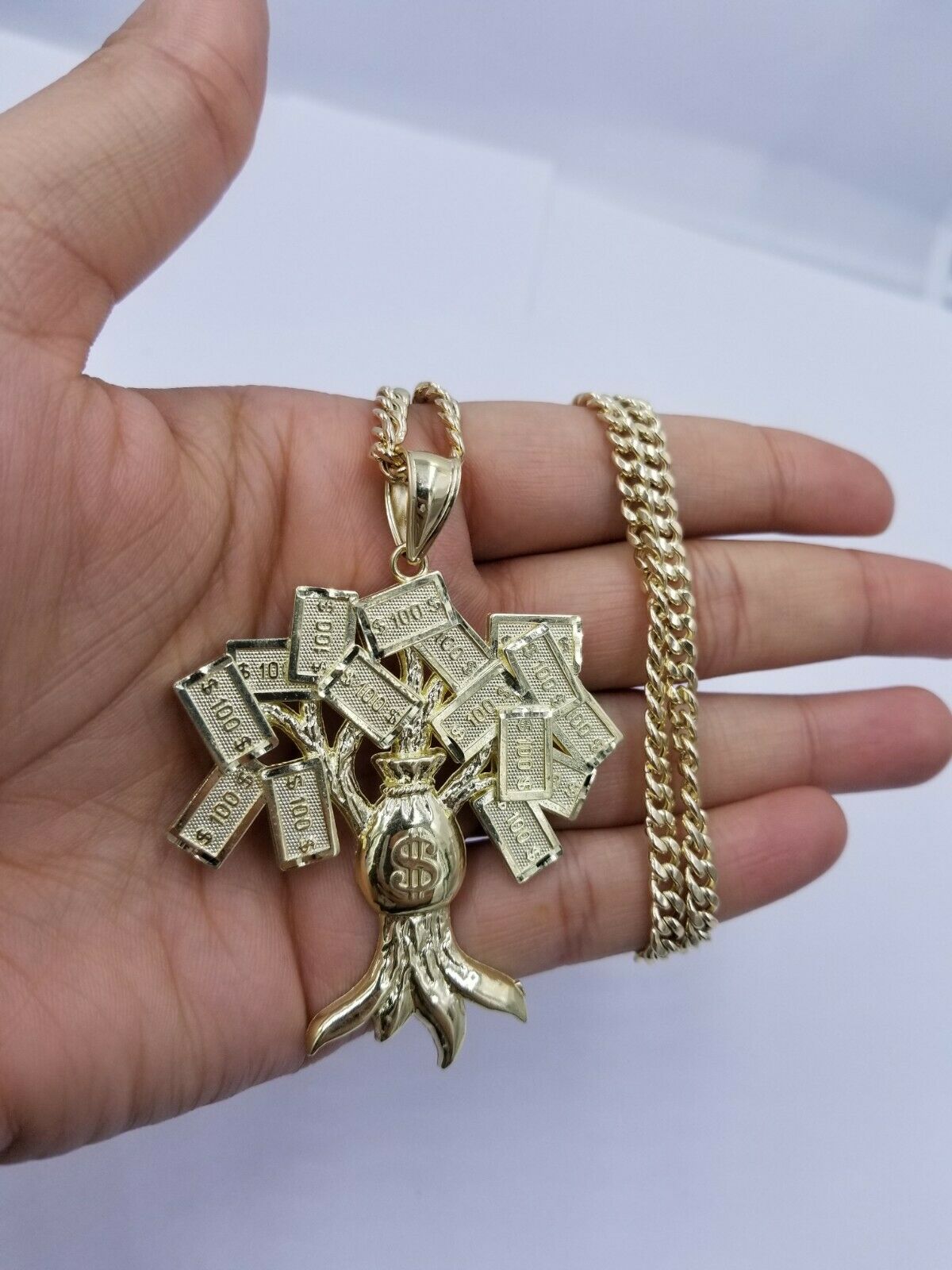 10k Yellow Gold Lucky $100 Dollar Bag Large 3" Charm Money Tree Pendant Real