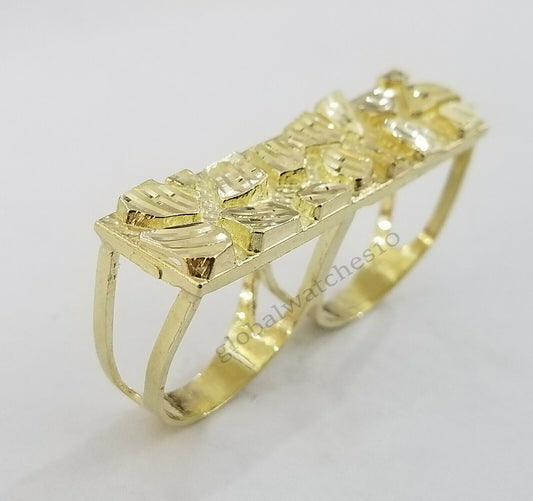 10k Yellow Gold Nugget Two Finger Men's Ring Diamond Cut Design Double Finger