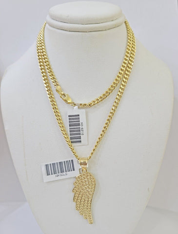10k Yellow Gold Miami Cuban Chain & Wings Charm \ Pendent SET 3mm 22 Inches