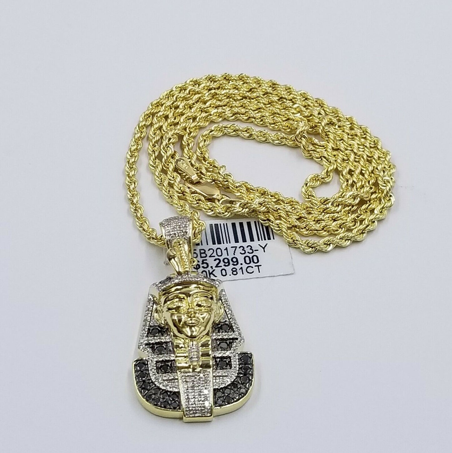 10k Yellow Gold Pharaoh Head Pendant Rope Chain 24" Black White Diamond 0.81CT