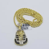 10k Yellow Gold Pharaoh Head Pendant Rope Chain 24" Black White Diamond 0.81CT