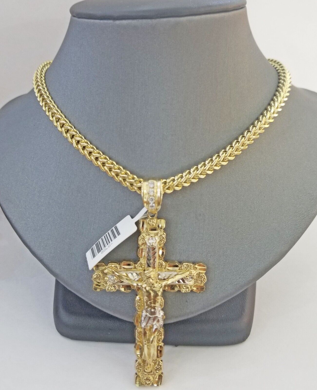 Real 10k Gold Nugget Cross Pendant Franco Necklace 4mm 24" Chain Charm  SET 10kt