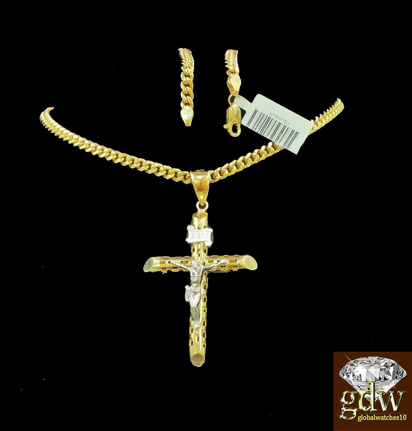 Real 10k Yellow Gold Jesus Cross Pendant 24" 4mm Cuban Chain