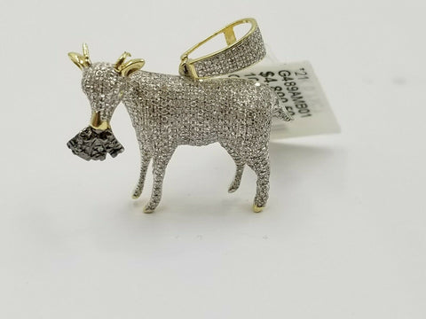 10k Yellow Gold Genuine Diamond GOAT with Money Bag Lucky Charm Pendant Real