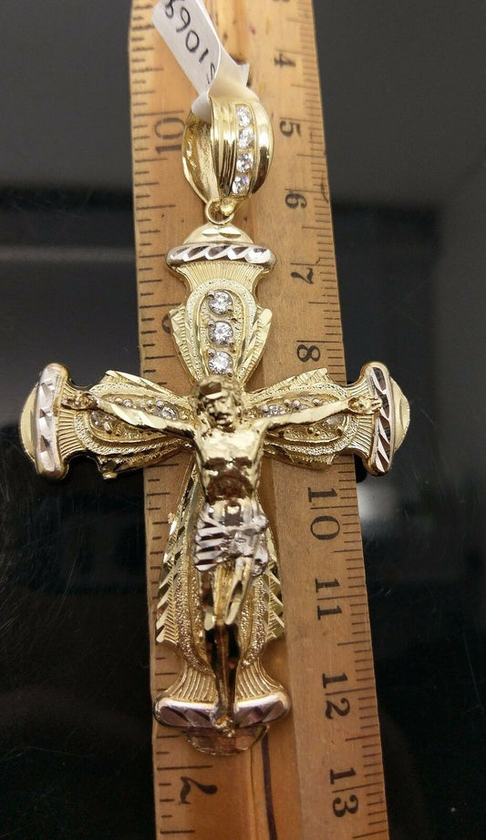 Real 10k Gold Jesus Crucifix Cross Charm Pendant Diamond Cut 10kt Yellow Gold