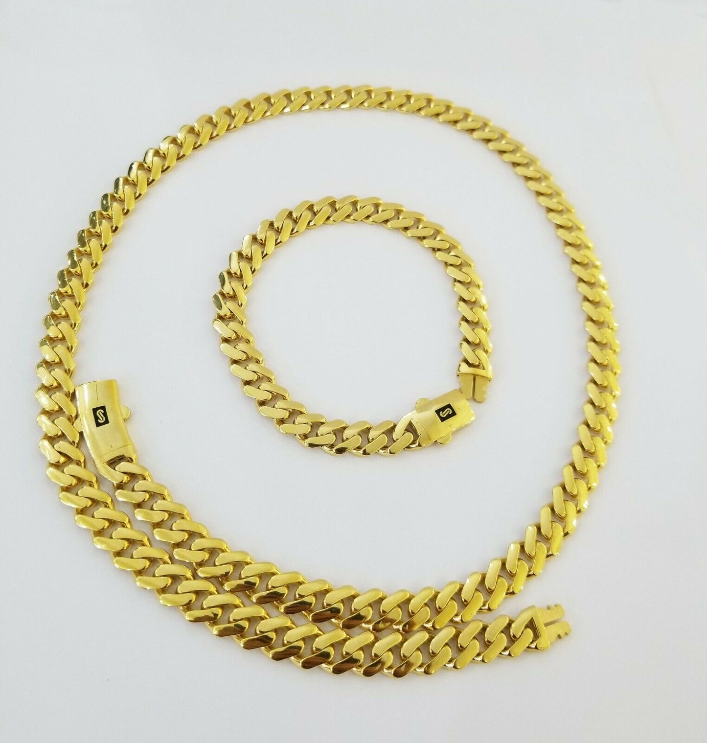 Real 10k Gold Miami Cuban Link Royal 8mm Monaco chain and Bracelet Set ,Necklace