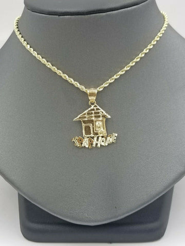 10k Gold Trap House Charm Pendant 2.5mm Rope Chain 18 20 22 24 26 28 Inch