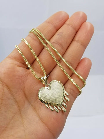 Best Real 10k Yellow Gold Charm Pendant Dripping heart with Franco Chain 18-2mm