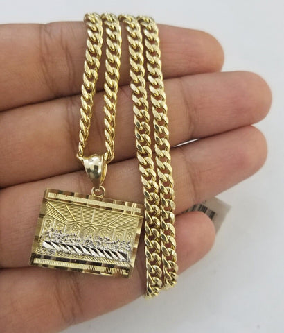 Real 10k Gold Last Supper Charm Chain Miami Cuban Link Necklace 4mm 24 Inch SET