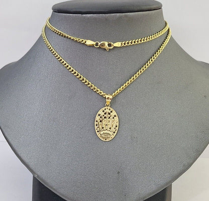 10K Yellow Gold Crown Pendent Charm 3mm Miami Cubn Chain 18" 20" 22" 24" 26"Inch