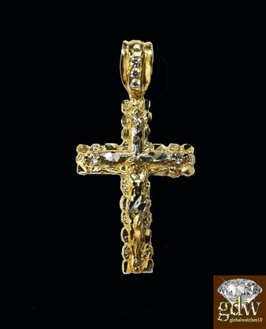 Real 10k Yellow Gold Cross Jesus Charm Pendant Miami Cuban 24" Necklace
