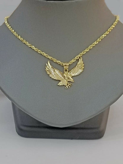 10k Gold Men Eagle Charm Pendant 2.5mm Rope Chain in 18 20 22 24 26 28 Inch Real