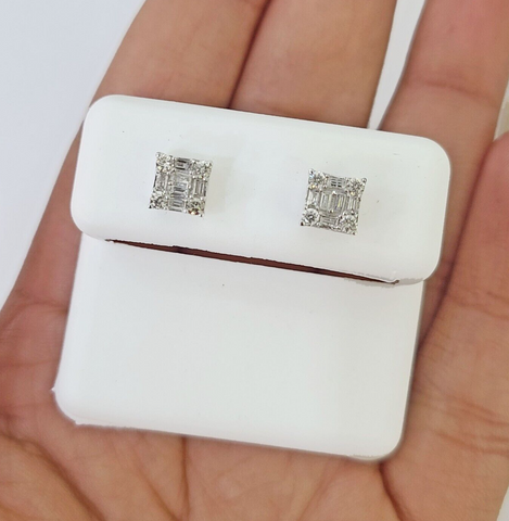 10k White Gold Sqaure Earrings Real Diamond Screw-Back Women Men Studs