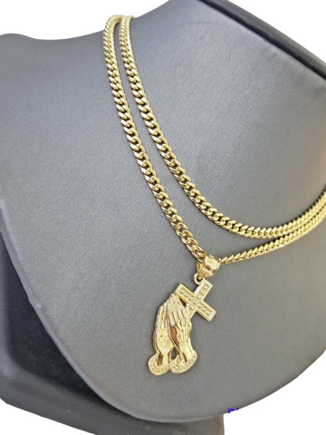 Real 10k Gold Praying Hand Cross Charm Pendent 4mm Cuban Chain 18"- 30" Inch