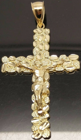 Real 10k Yellow Gold Nugget Jesus Cross Pendant 26" Franco Chain Necklace