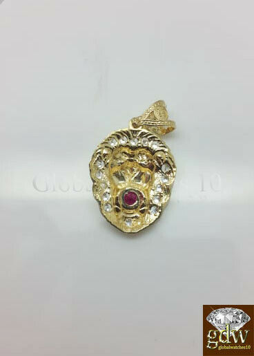 Real Gold Pendant 10 k Yellow Gold Lion Head Men's Charm 1.5" for Men Women Ruby