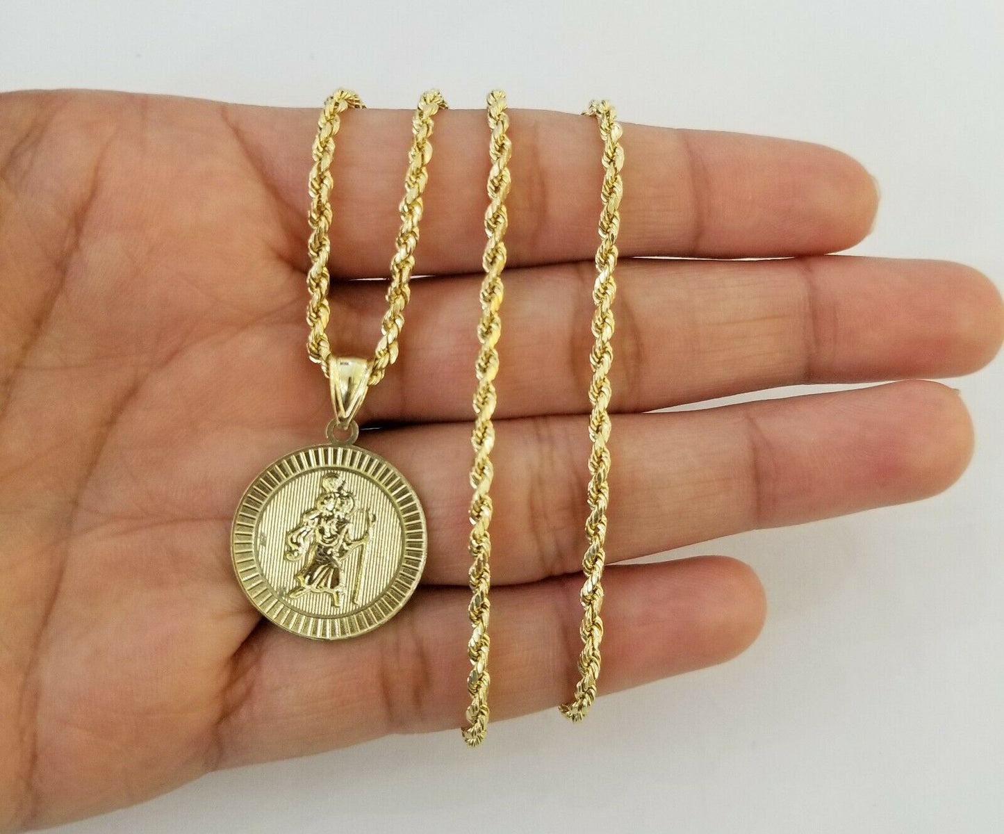 10k Yellow Gold Saint Cristopher Charm Pendent,2mm Rope Chain Necklace Chain Set