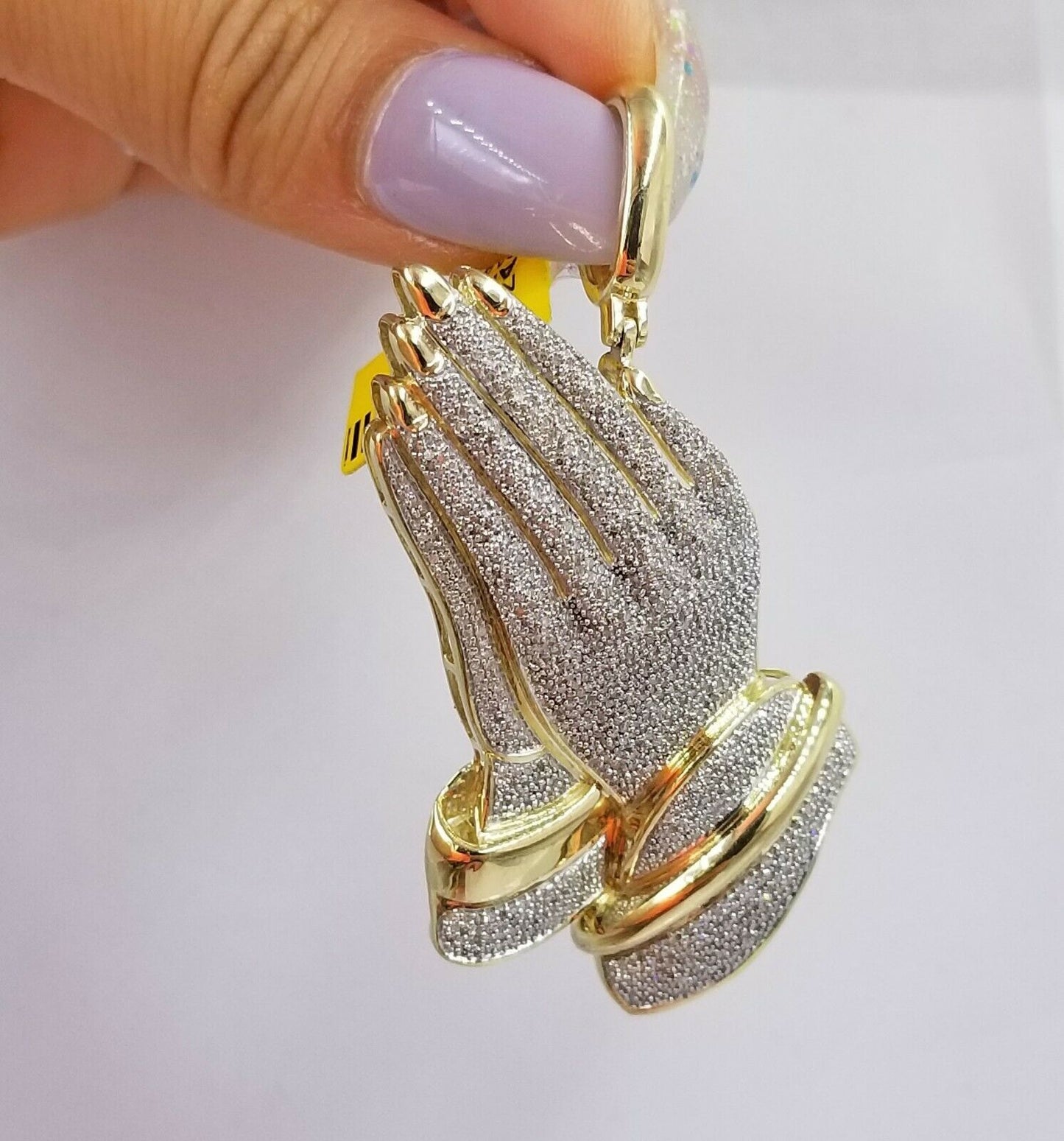 10K Yellow Gold & Diamond Praying Hand Charm Pendant  1.48CT 2.5" For Men Women