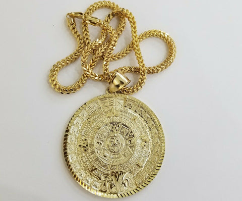 10k Real Gold Aztec Calendar Pendant Charm 3mm 20- 28 " Franco Link Chain 10kt