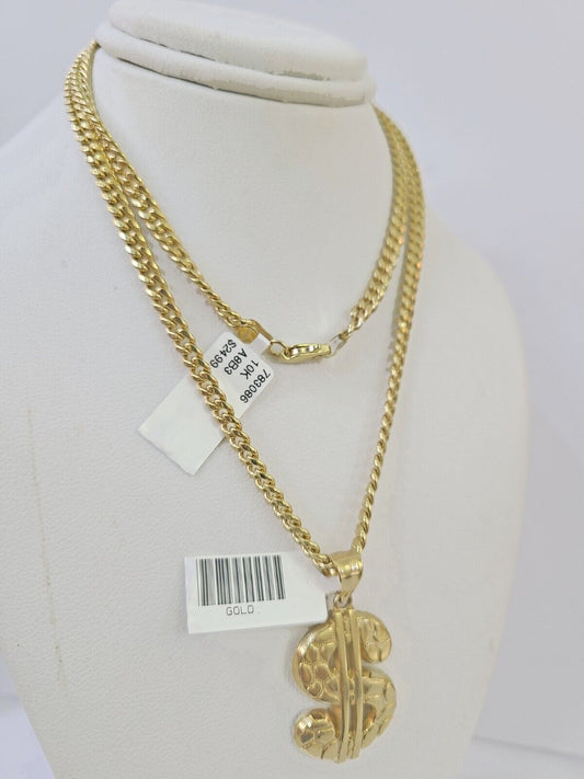 10k Yellow Gold Miami Cuban Chain & Dollar Charm \ Pendent SET 3mm 22 Inches