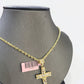 14k Yellow Gold Rope Chain & Jesus Nugget Cross Charm SET 3mm 16 Inches Necklace