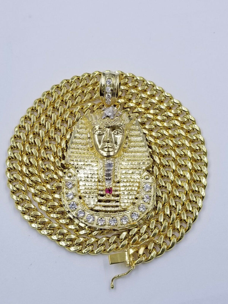 10K Yellow Gold 24 Inch Miami Cuban Chain Ruby Pharaoh Head Pendant Diamond Cut