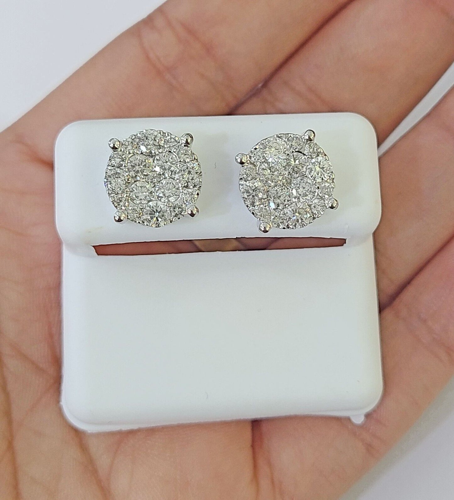 10k White gold Flower Earrings Real Diamond screw-back Women Men Studs