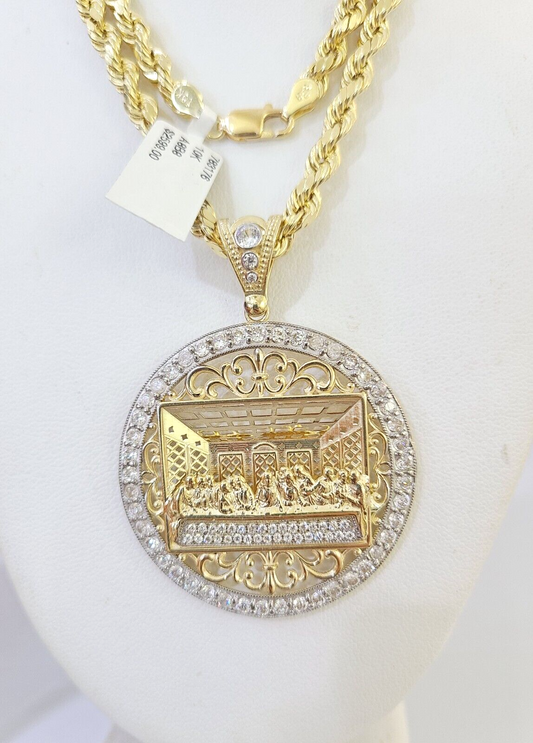 10k Gold Rope Chain Last Supper Charm Pendent SET 5mm 22 Inch