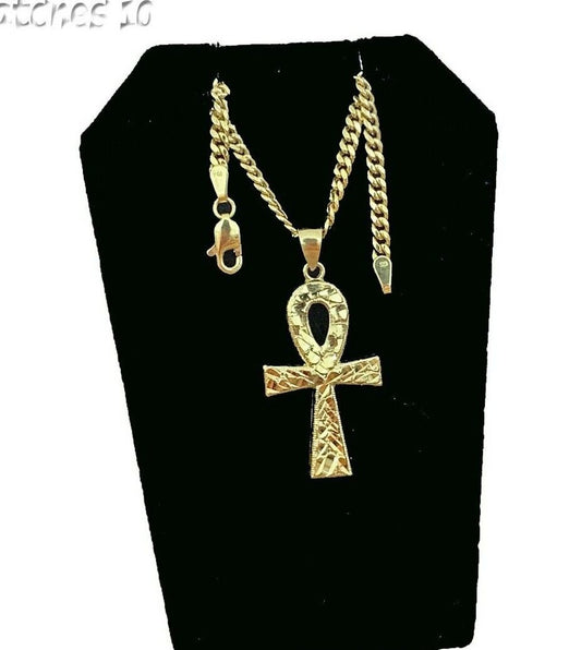 Real 10k Gold Ankh Cross Charm Pendant with Miami Cuban Chain 22" 24" 26" 28" In