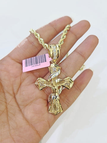 14k Yellow Gold Rope Chain & Jesus Swirl Cross Charm SET 5mm 18Inches Necklace