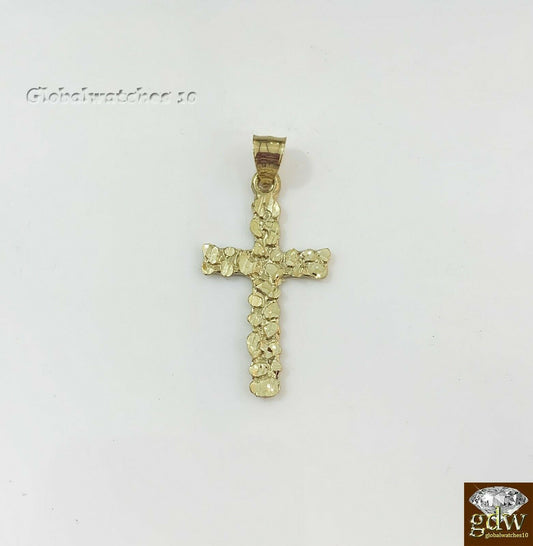 10k Gold Solid Men's Jesus cross Charm, Nugget Design Pendant with Diamond Cut,