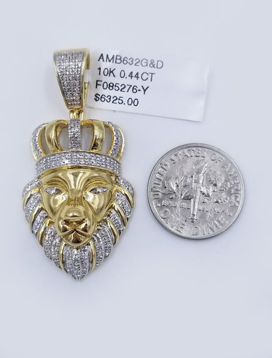 Real 10K Yellow Gold Diamond King Lion Head Pendant Charm Genuine