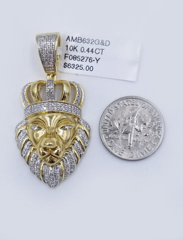 Real 10K Yellow Gold Diamond King Lion Head Pendant Charm Genuine