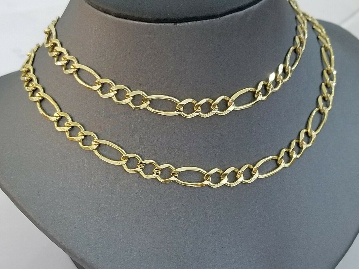 14k Solid Yellow Gold Figaro Link Chain Necklace Lobster Clasp 7mm for Men Women