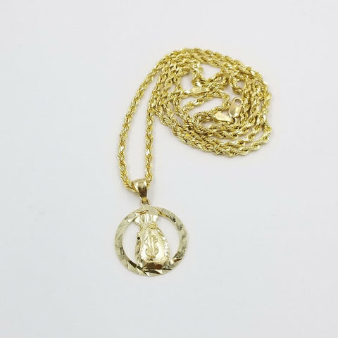 Real 10K Gold Dollar Bag Charm 3mm Round Pendant Rope Chain 18" 20" 22" 24" 26"