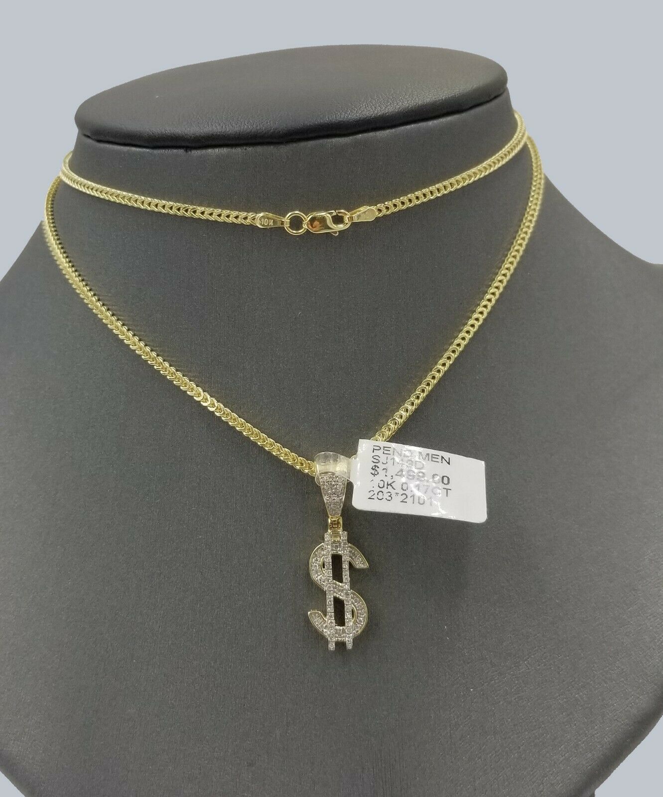 10k Yellow Gold Franco Chain & Diamond Dollar Sign Pendant SET 22" 0.17CT  REAL