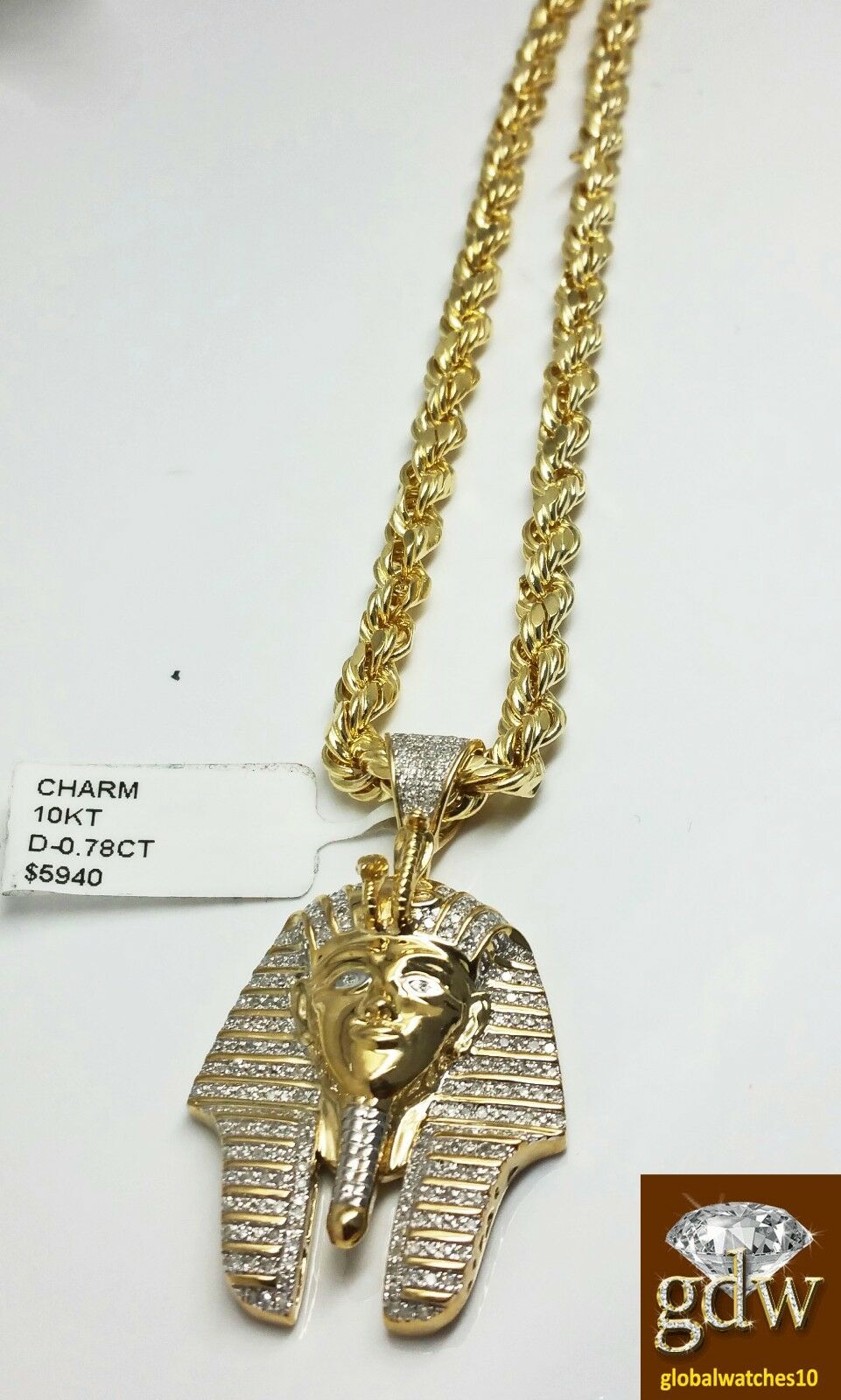 Real 10k Yellow Gold Diamond Pharaoh Charm Pendant  28" Rope Chain Necklace