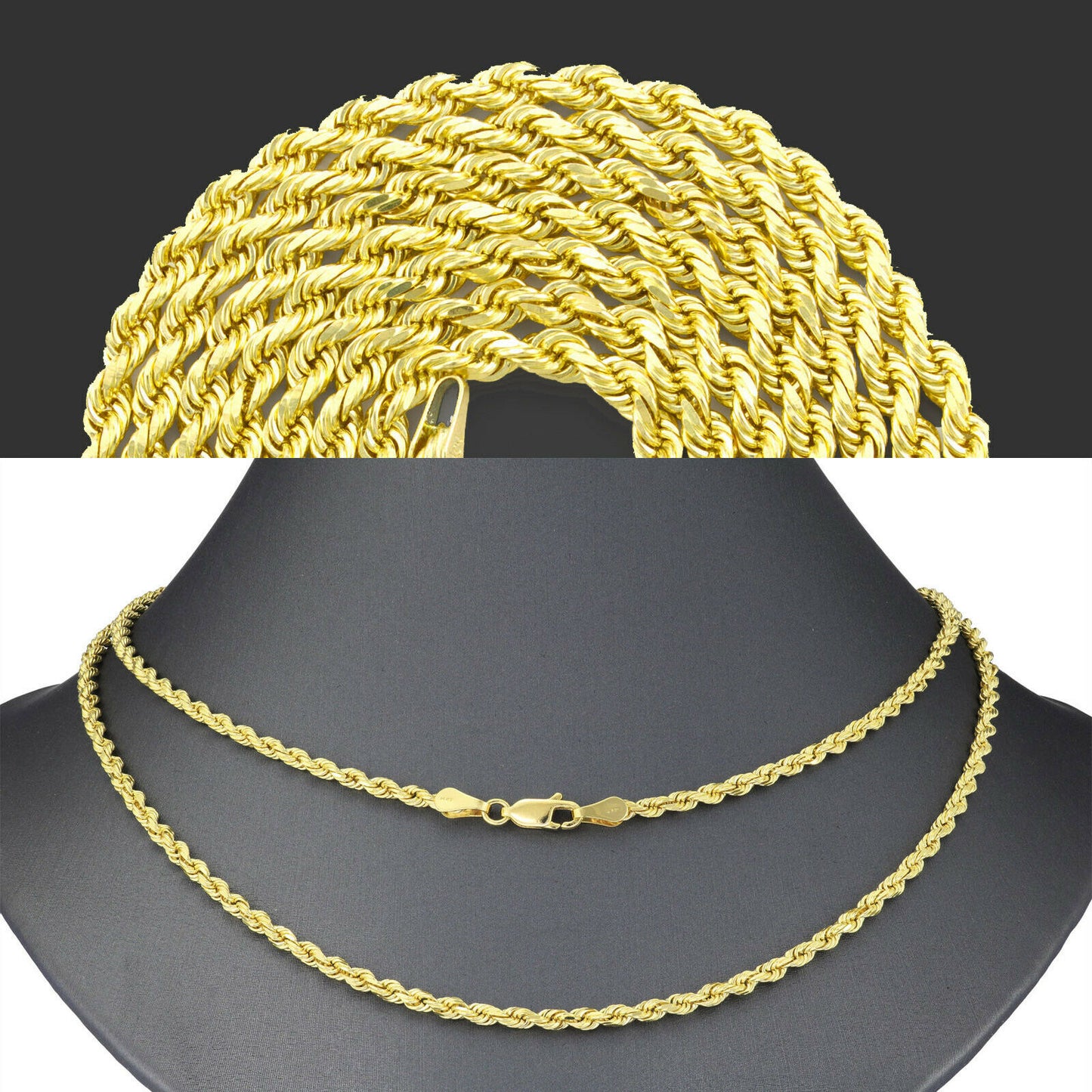 REAL 14k solid Gold Rope Chain Necklace 22" Inches 3mm Men's , yellow Gold, link