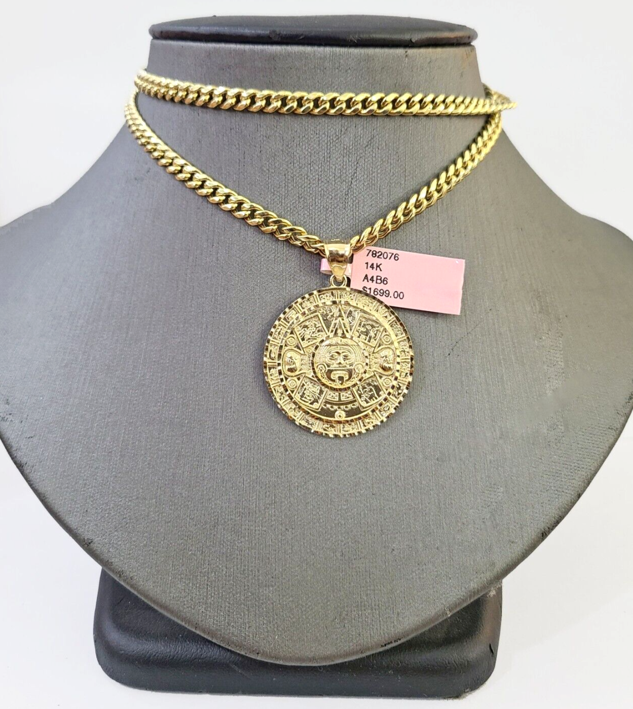 Real 14k Gold Mayan Calendar Charm & Miami Cuban Link Chain SET 5mm 20" Necklace