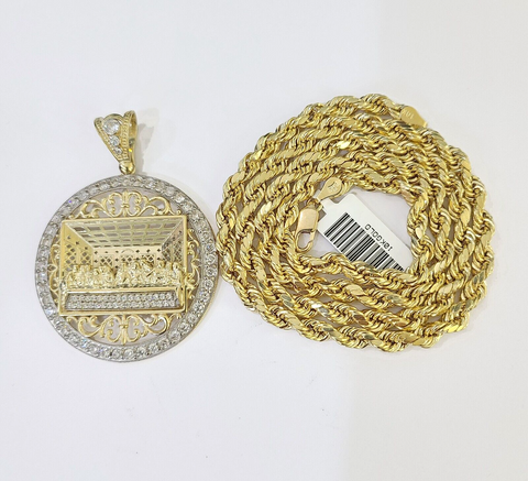 10k Gold Rope Chain Last Supper Charm Pendent SET 5mm 22 Inch