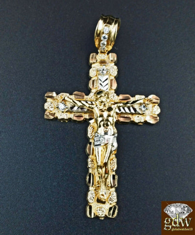 Real 10k Yellow Gold Jesus Cross Charm Pendant with 26 Inch Byzantine Chain
