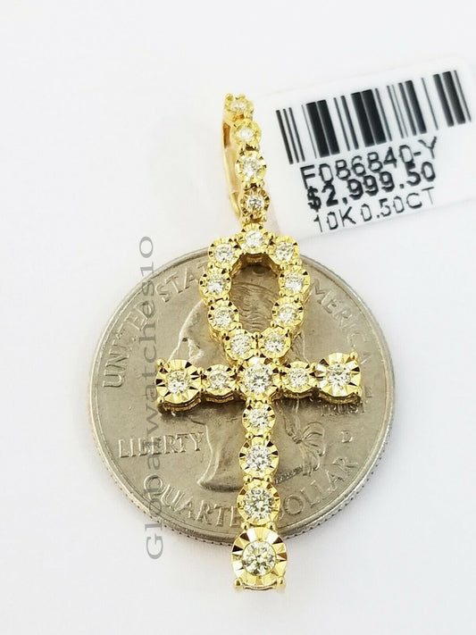 10k Yellow Gold 0.50 CT Diamond Ankh Cross Men Women Charm Pendant 1.5" RealGold