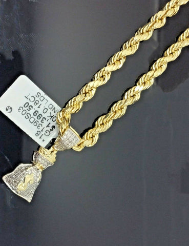 Genuine 10K 22 Inches Rope Chain 0.18CT diamond Dollar Money Bag