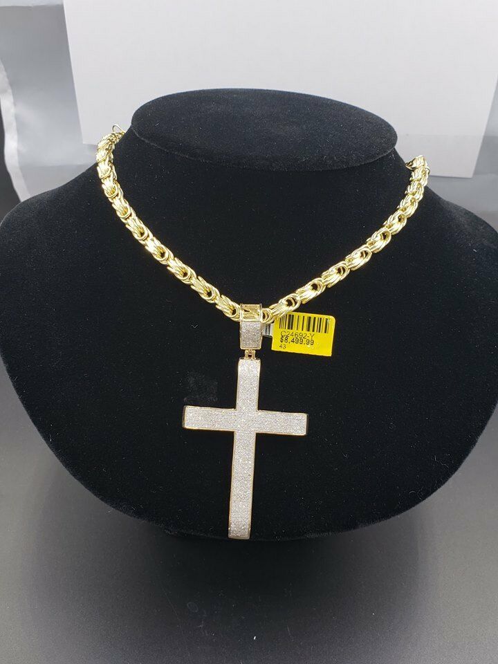 Real 10k Gold Byzantine Chain Necklace 24" &Genuine 1.52CT Diamond Cross pendant