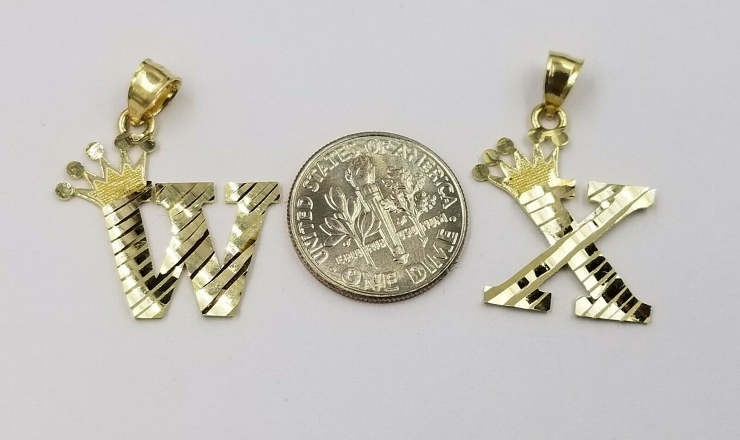 10k Initial Yellow Gold Crown A-Z Alphabet Charm Diamond Cut Pendent Men Women