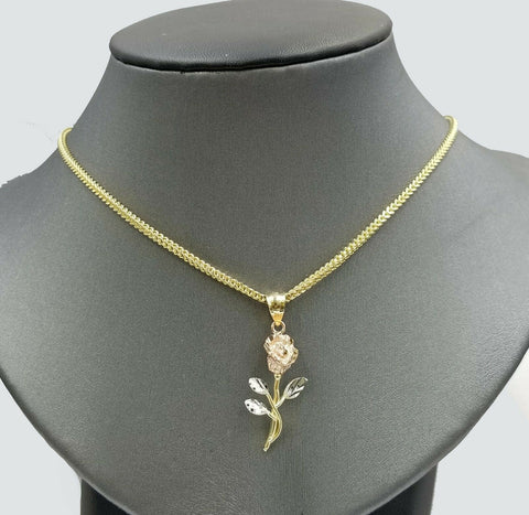 Real 10k Trio Gold Rose Flower Charm/Pendant With 3mm Franco Chain 18" For Women