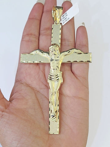 10K Yellow Gold Crucifix Cross Pendant Jesus Christ Charm Women Men